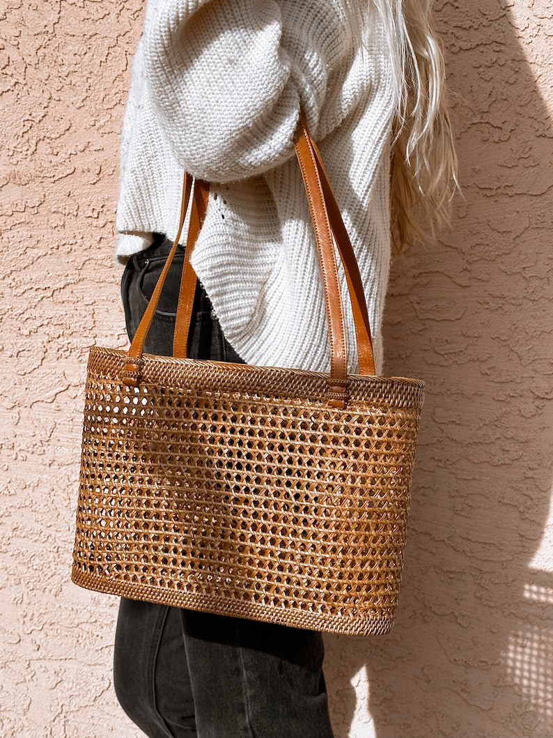 Straw Bag Leather Handle, Rattan Bag Bucket, French Market Tote, Beach Bag, Straw Bag Large, Wicker Bag Basket, Mothers Day Gift for Her image 8