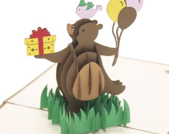 Handmade Pop Up 3D Bear with Present Birthday Greeting Card