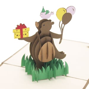 Hecho a mano Pop Up 3D Oso con presente tarjeta de felicitación de cumpleaños
