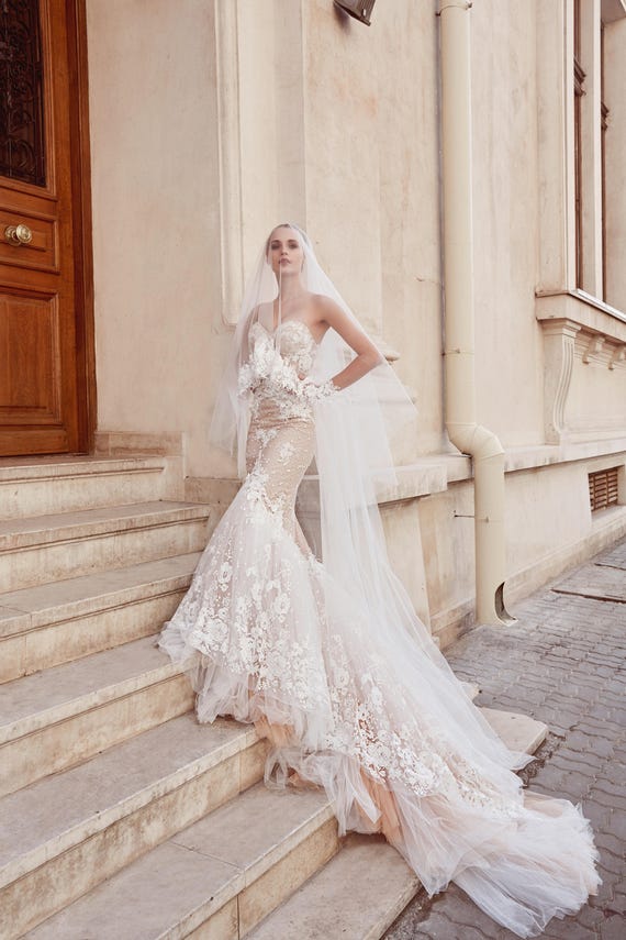 Lace Mermaid Wedding Dress Strapless Low Back Wedding Gown Etsy