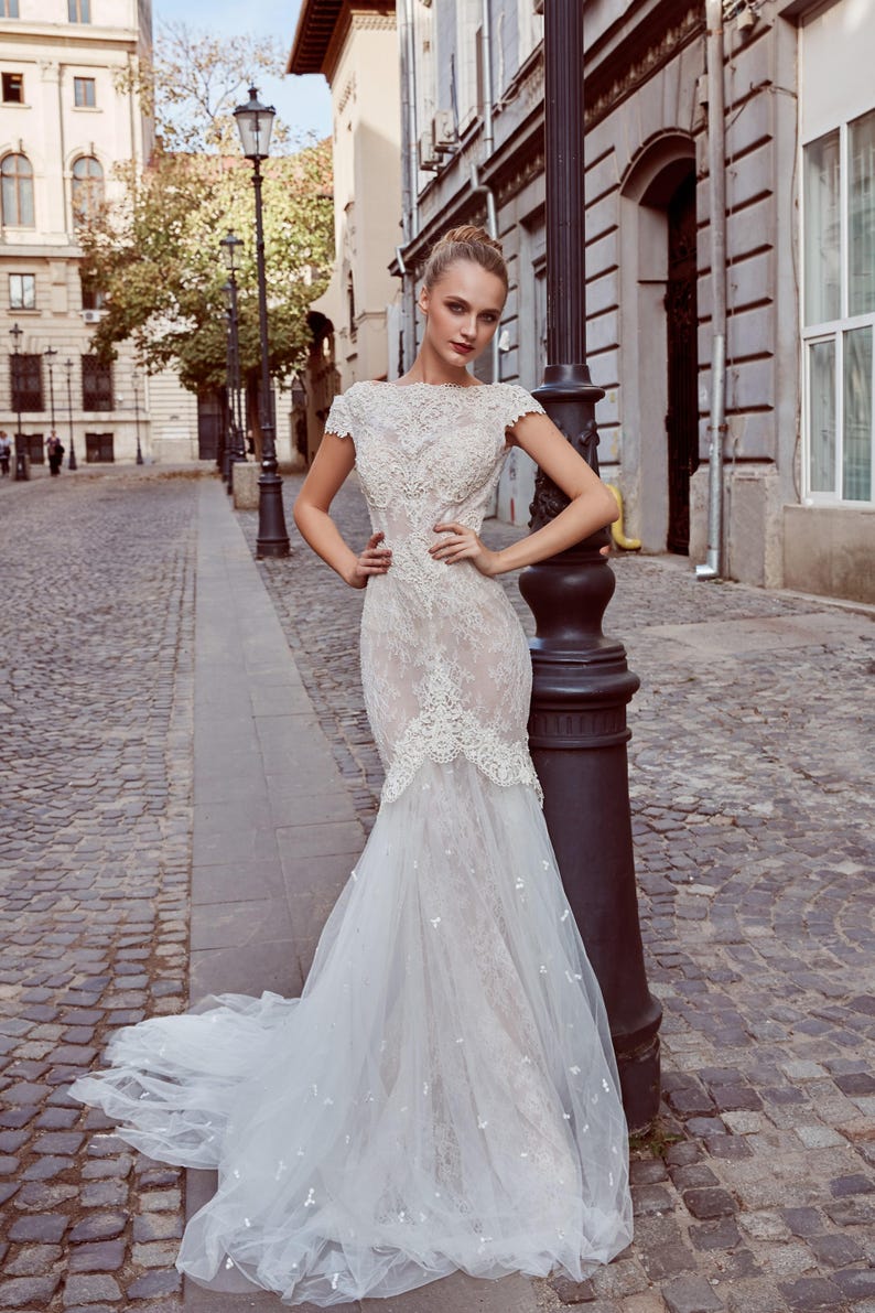 Mermaid Backless Lace Wedding Dress Boat Neck Bridal Gown Etsy