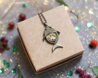 Steampunk Fish pendant with Mechanical Watch Movement Steampunk Necklace Steampunk jewelry Gears and Cogs