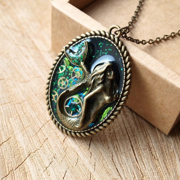 Mermaid pendant Steampunk jewelry Vintage watch parts Steam punk necklace Gift for women Green Sparkles Sea Ocean