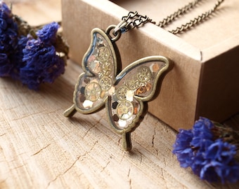 Steampunk Butterfly pendant with Mechanical Watch Movement Steampunk Necklace Steampunk jewelry Gears and Cogs