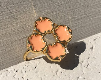 Vintage Inspired Coral Pink Enamel Flower Ring, Dainty Boho Statement Ring, Sterling Silver & Gold Vermeil, Gift for Her Limited Edition 1/7