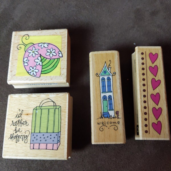 Hampton Art Studio G New Wood Stamps Shopping Welcome Hearts Boarder Ladybug