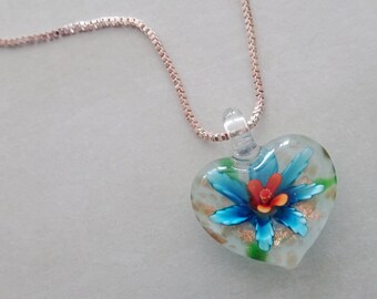 Glass Heart Floral Pendant Necklace - Rose Gold Chain Pendant Necklace - Turquoise - Glass Flower - Valentine Gift