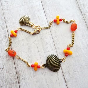 Carnelian Agate & Shell Ankle Bracelet: Antique Brass Boho Anklet