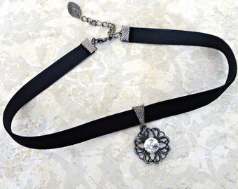 Black Velvet Choker Necklace, Rhinestone Silver Pendant, Victorian Costume