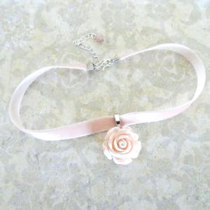 Pink Velvet Ribbon Rose Flower Pendant Choker Necklace, Victorian, Floral Choker