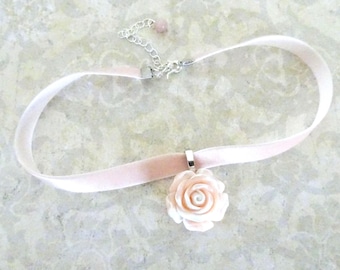 Pink Velvet Ribbon Rose Flower Pendant Choker Necklace, Victorian, Floral Choker