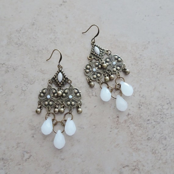 White Bead Antique Gold Chandelier Earrings White Earrings Etsy