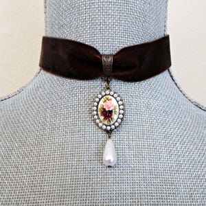 Brown Velvet Ribbon Flower Cameo Choker: Victorian Style Necklace