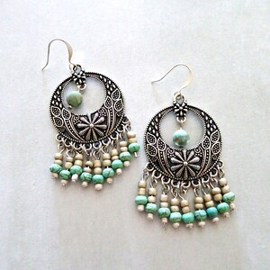 Silver Beaded Chandelier Earrings, Boho, Hippie, Southwestern, Turquoise Magnesite Bead Earrings