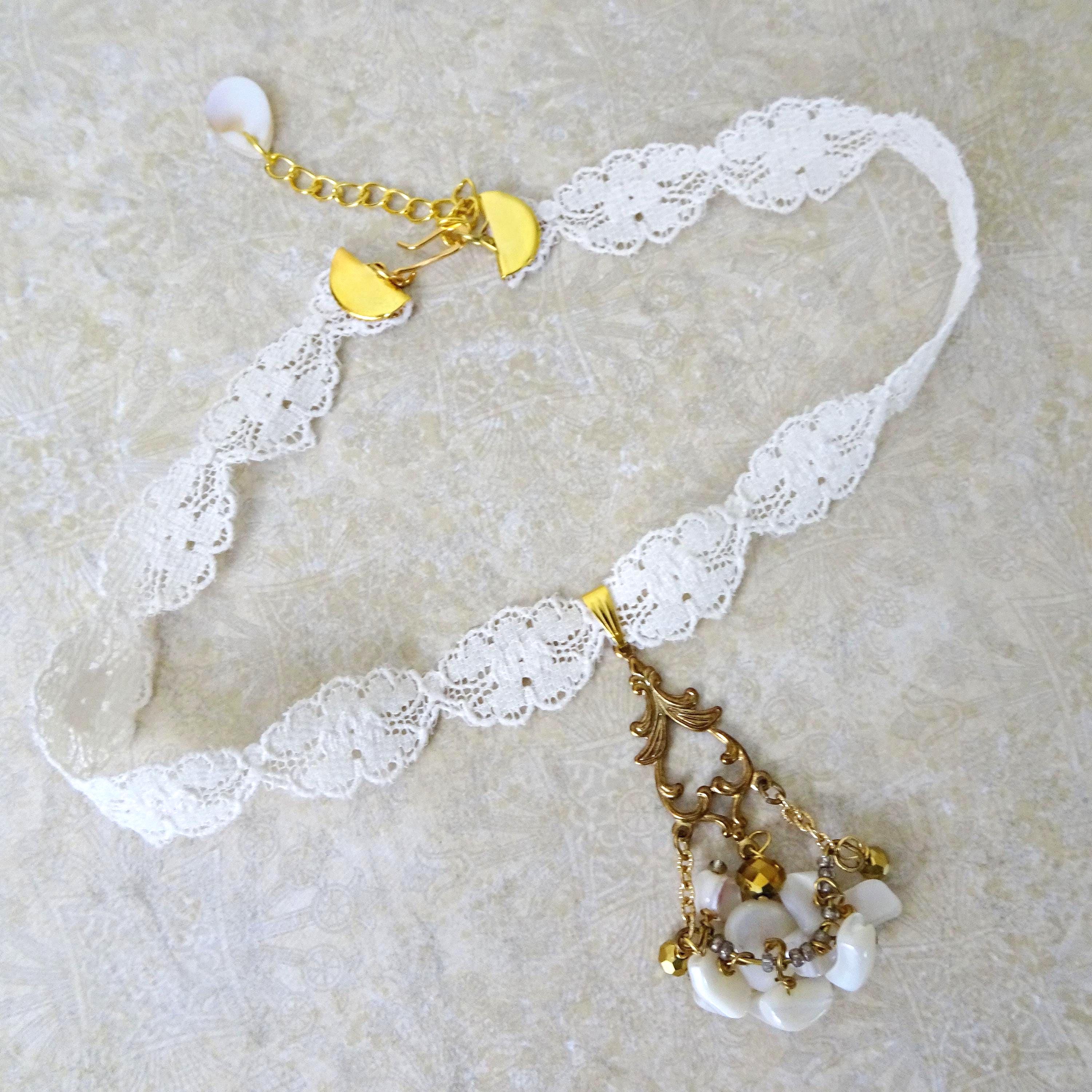 Ivory Vintage Lace Choker, Gold Chandelier Pendant, Mother of