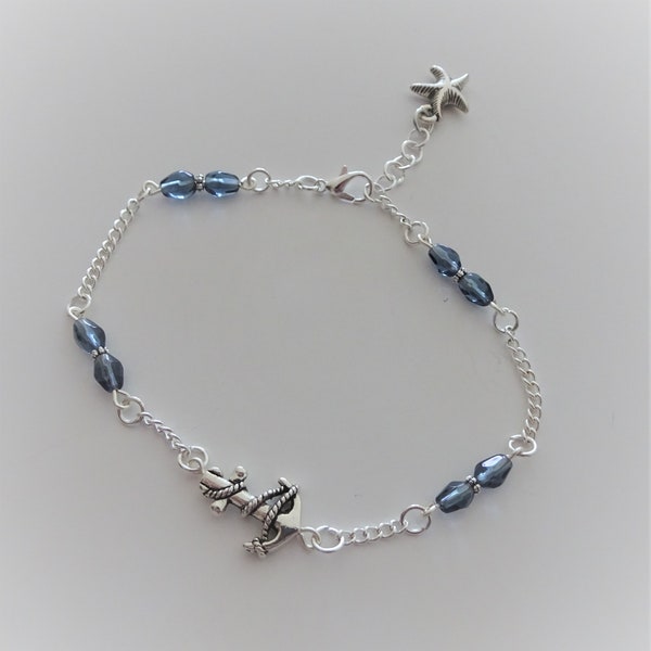Anchor Charm Silver Chain Ankle Bracelet - Anklet - Silver Anklet - Beaded Chain Anklet - Blue Bead Ankle Bracelet - Nautical Anklet