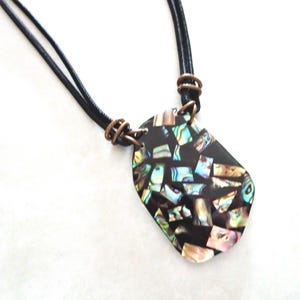 Abalone Shell Inlay Black Resin Pendant Necklace, Boho Beach Style (17" Cord)