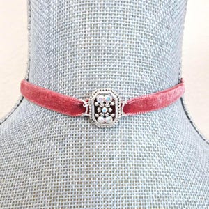Rose Pink Velvet Choker, Silver Swarovski Crystal, Victorian Necklace