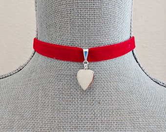 Silver Heart Charm Red Velvet Ribbon Choker Necklace - Valentine Gift - Heart Necklace - Choker Necklace