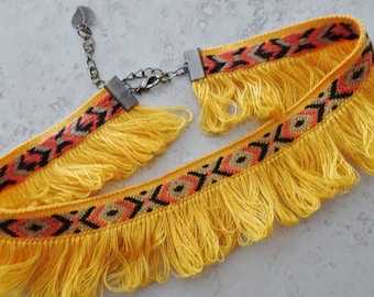 Yellow Fringed Choker - Boho Necklace - Hippie Costume Choker - Southwestern - Embroidered Vintage Trim Choker