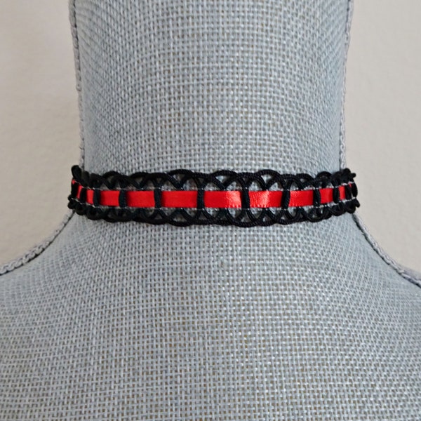 Black Trim Red Ribbon Laced Choker Necklace, Black Lace Choker, Old West Costume Choker, Halloween Choker, Saloon Girl Choker Necklace