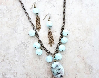 Aqua Jasper Pendant Beaded Antique Brass Chain Necklace Earring Set, Boho