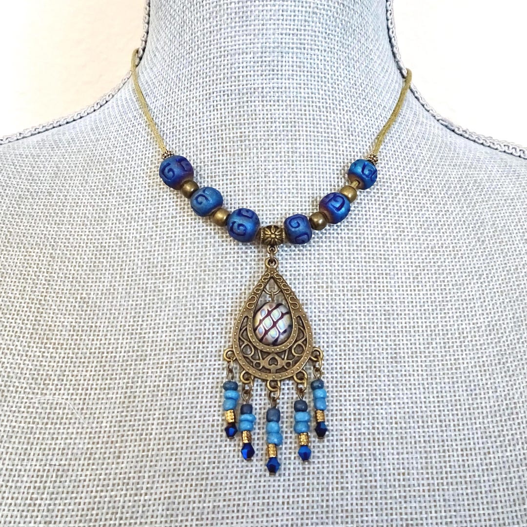 Antique Brass Blue Glass Beaded Cord Pendant Necklace, Boho