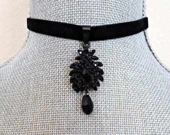 Black Velvet Ribbon Choker, Rhinestone Pendant, Gothic Victorian Style