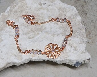 Copper Ankle Bracelet -  Beaded Anklet - AB Clear Glass Bead Anklet - Summer - Rose Gold Anklet - Beach - Ankle Jewelry - Copper Anklet