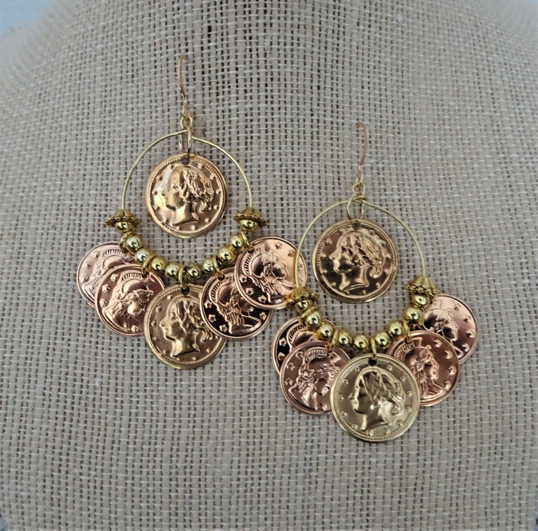 Gold Coin Dangle Hoop Earrings, Costume Earrings, Pirate Earrings