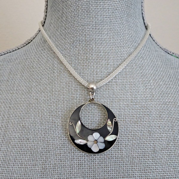 Silver Rope Chain Necklace with Upcycled Vintage Silver & Black Mother of Pearl Pendant, Alpaca Mexico Pendant Necklace, Floral Pattern