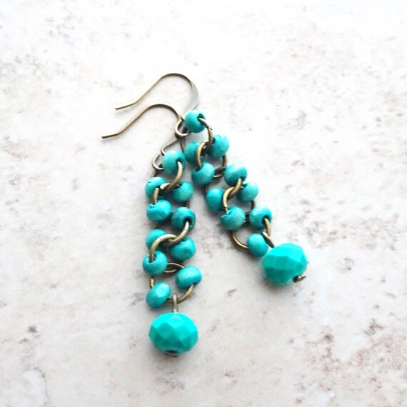 Boucles D'oreille Pendantes Argentées Avec Perles Turquoises - Fantaisie - Occasion