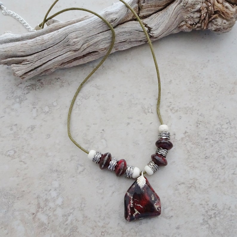 Rustic Jasper Bead Cord Necklace Boho Hippie Cord Necklace