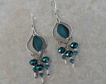 Silver Beaded Chandelier Earrings, Teal Blue Crystal Bead Earrings, Ornate Dangle Earrings