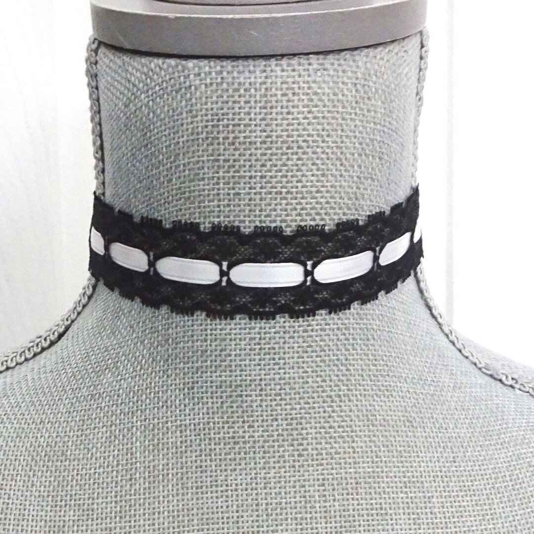 Black Lace Choker Necklace: White Ribbon Accent, Adjustable Fit - Etsy