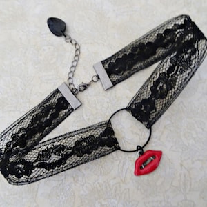 Black Lace Choker Necklace, Vampire Charm, Adjustable Gothic Jewelry