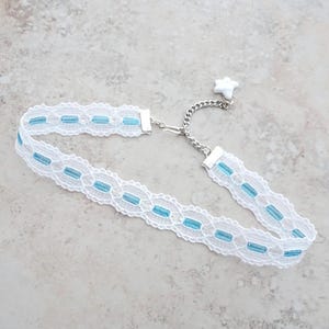 White and Blue Lace Choker Necklace, Something Blue, Bride&#39;s Choker, Country Wedding Jewelry, White Lace Choker, Hipster