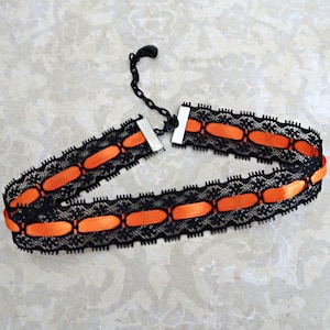 Black Lace Choker Necklace, Halloween Choker, Orange and Black Necklace, Costume Choker, Orange Ribbon Choker