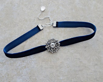 Navy Blue Velvet  Choker Necklace - Rhinestone Navy Blue Choker Necklace - Hipster - Blue Ribbon Choker - Prom Necklace