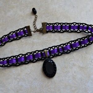 Black Trim Purple Ribbon Laced Choker Necklace, Black Lace Choker, Steam Punk, Halloween Choker Necklace, Purple Black Choker, Victorian