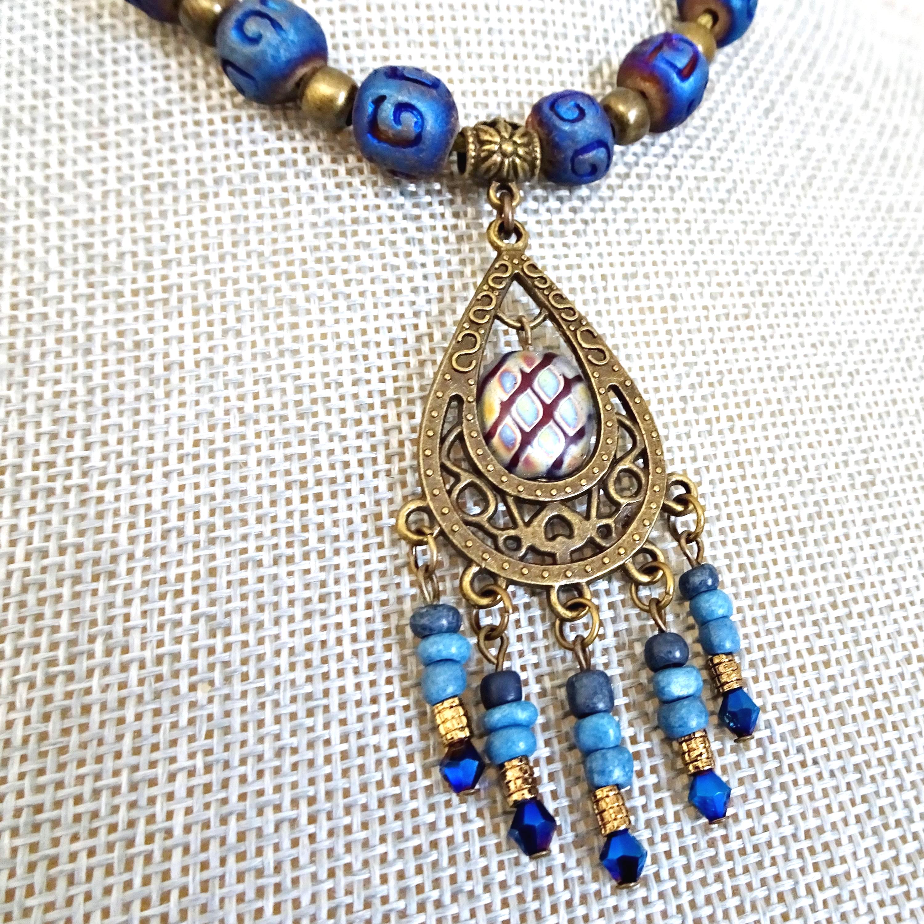 Antique Brass Blue Glass Beaded Cord Pendant Necklace, Boho