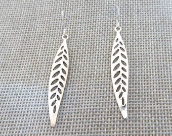 Silver Slender Leaf Dangle Earrings, Boho, Hippie
