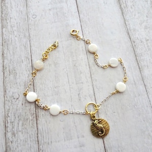 Seahorse Charm Ankle Bracelet - White Shell Bead Anklet - Gold Beaded Chain Anklet - Beach - Boho - Coastal - Ankle Bracelet - Shell Anklet