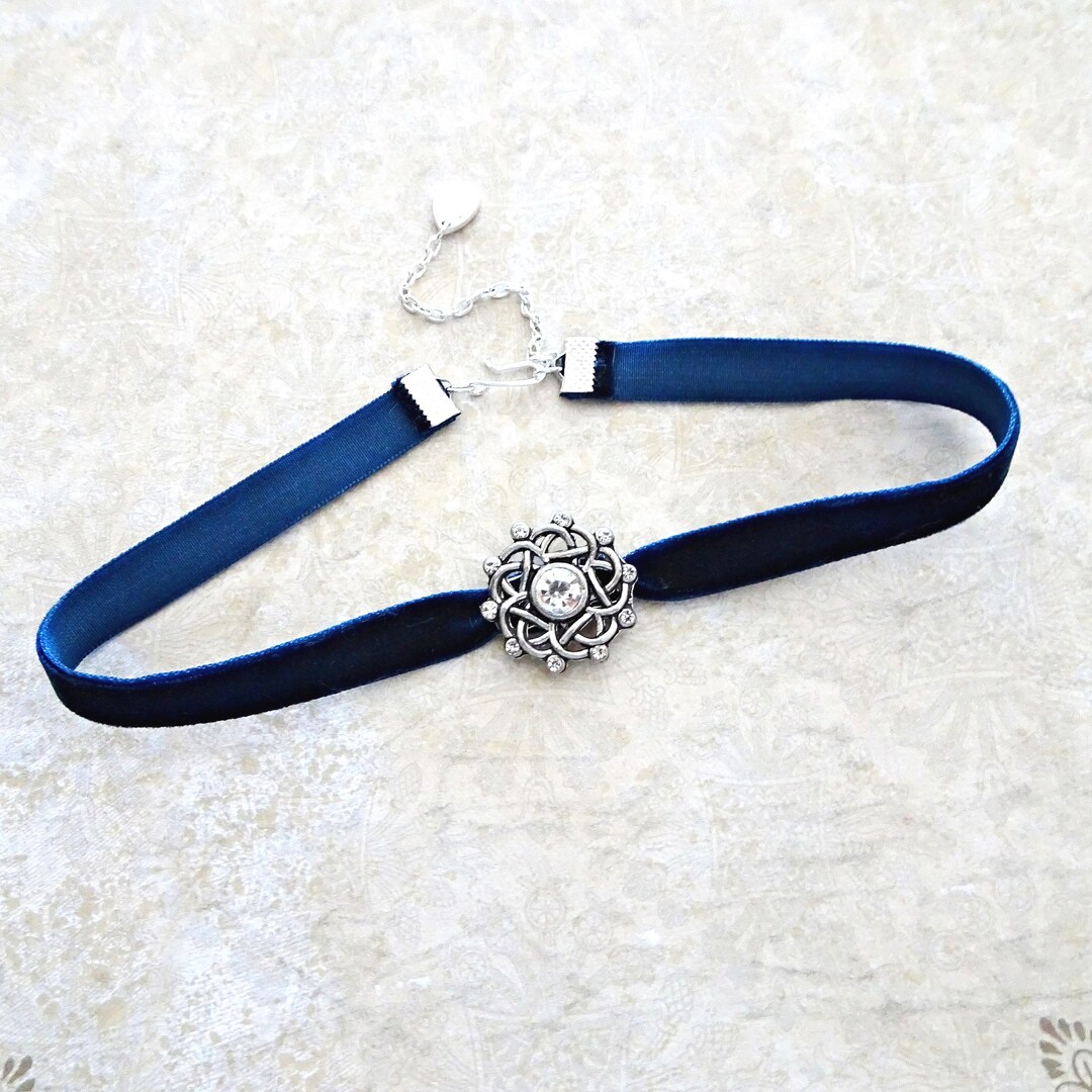 Navy Blue Velvet Choker Necklace - Rhinestone Navy Blue Choker Necklace ...
