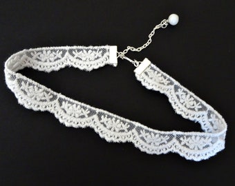 Gargantilla de encaje blanco, joyería nupcial con borde festoneado