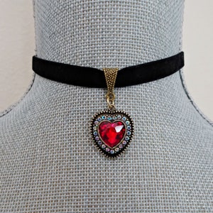 Black Velvet Ribbon Heart Pendant Choker, Red Rhinestone Heart Necklace, Hipster, Gift for Teen, Valentine Gift, Black Red Heart Necklace