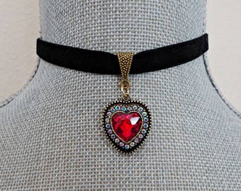 Black Velvet Ribbon Heart Pendant Choker, Red Rhinestone Heart Necklace, Hipster, Gift for Teen, Valentine Gift, Black Red Heart Necklace