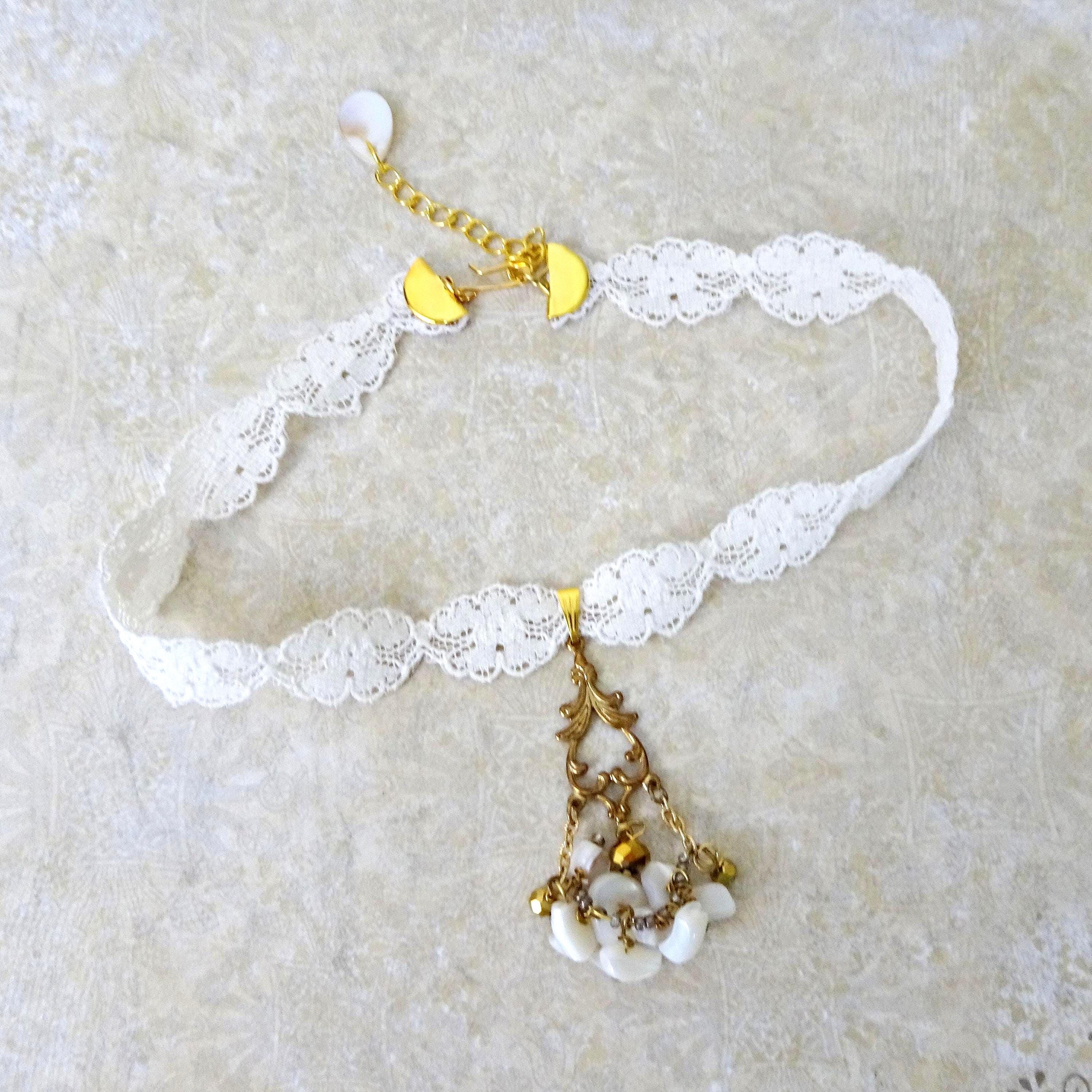 Ivory Vintage Lace Choker, Gold Chandelier Pendant, Mother of
