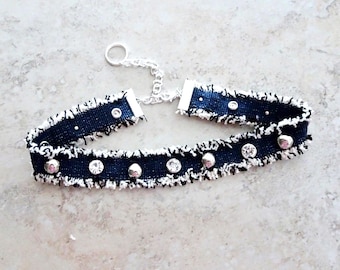 Rhinestone Denim Choker Necklace: Frayed Blue Jean, Silver Accents
