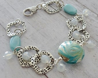 Aqua Bead Bracelet-Silver Linked Bracelet-Beach-Glass Bead Bracelet-Bracelet-Beaded Bracelet-Silver Bracelet-Gift for Mom